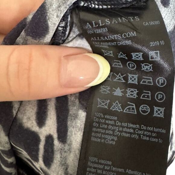 AllSaints Fay Ambient Dress Animal Print Back Tie Mini Gray Black Size Small - Picture 10 of 12